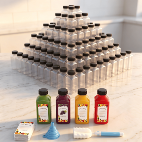 150 Pcs 8oz Square Plastic Juice Bottles with Black Lids, Clear Empty PET Beverage Containers with Funnel, Cleaning Brush